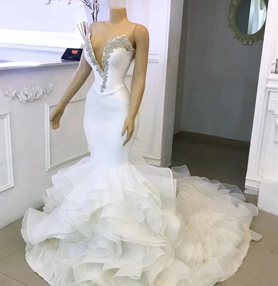 Vestido de Novia 2020 арабские Свадебные платья русалки с кристаллами милое сатиновое свадебное платье многослойная юбка с оборками свадебные