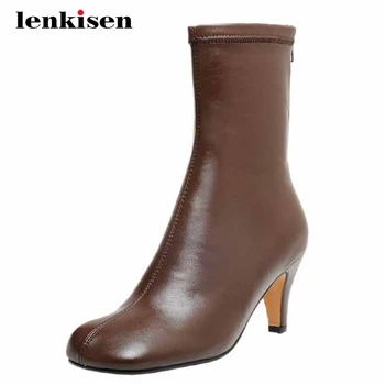 

Lenkisen big size fashion boots microfiber streetwear square toe thin high heel zipper gorgeous dating mature mid-calf boots L86