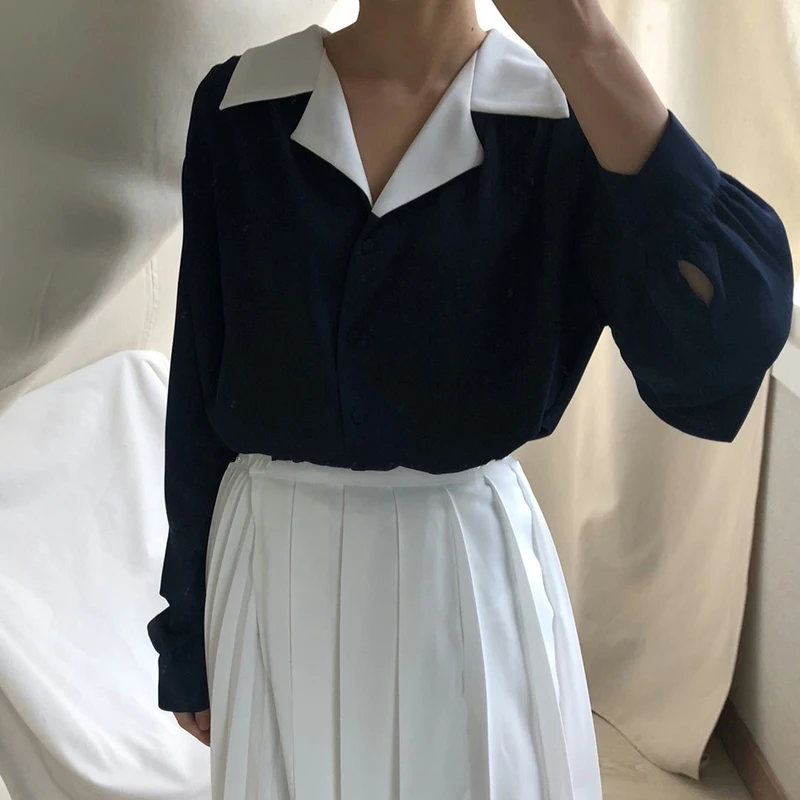 

Vintage Lady Blouse Must Have! Lantern Sleeve Color Block Spring Autumn Shirt Women Top Chemise Femme Blusa Mujer Camisa