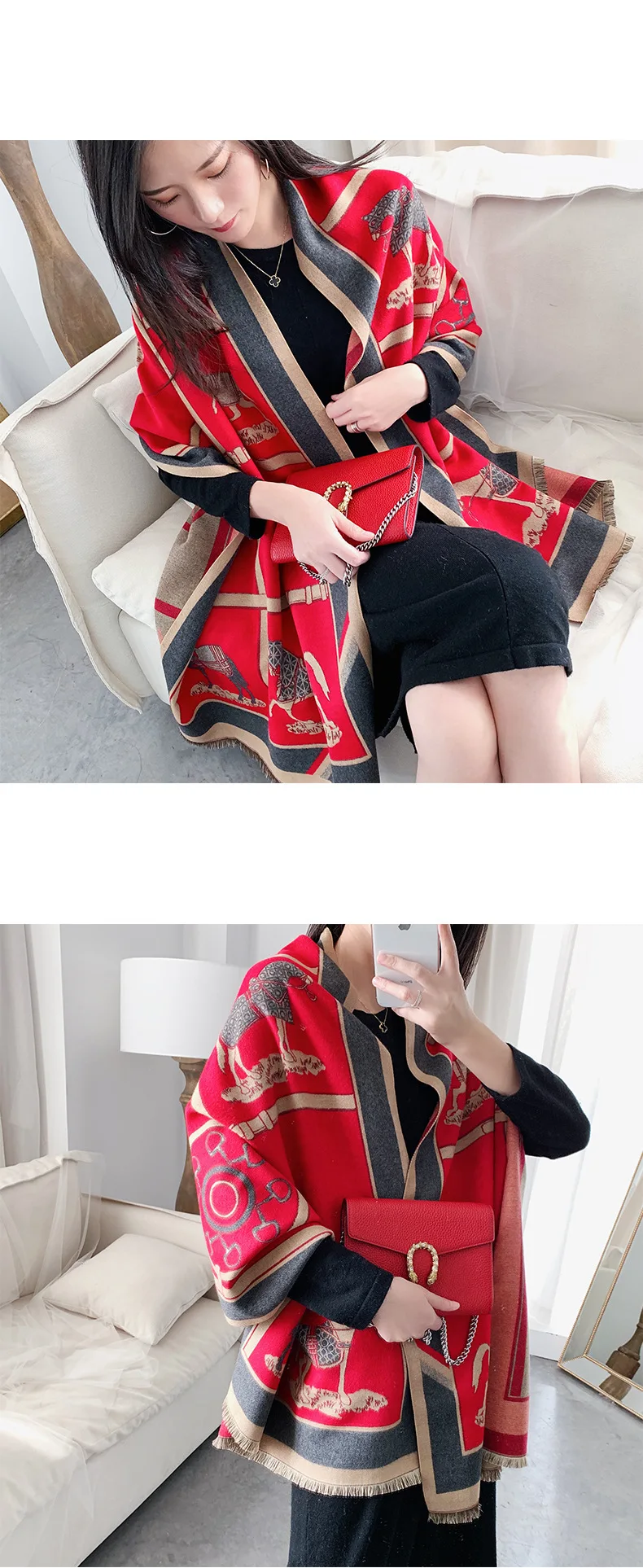 Luxury Winter Cashmere Scarf For Women Warm Pashmina Shawls and Wraps Fashion Chain Animal Print Kerchief Scarves For Lady