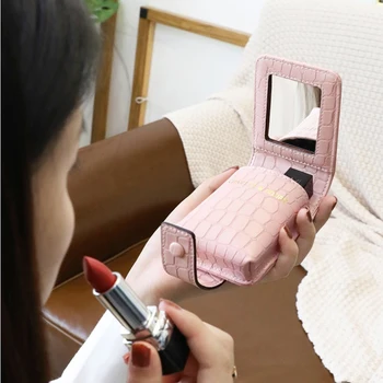 

Lipstick Cosmetic Bag With Mirror Makeup Bag Travel Pouch Organizer PU Leather Portable Beauty Case Toolbox Small Storage Cases