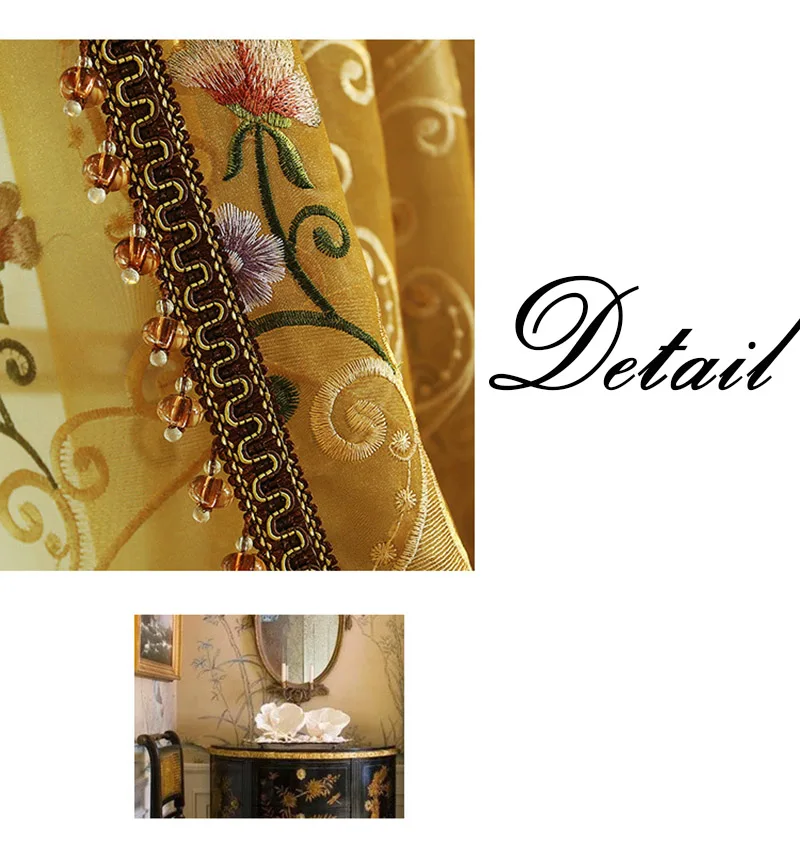 Роскошный тюль с золотой цветочной вышивкой, занавески для гостиной, коричневый Тюль с вышивкой, высококлассные занавески для квартиры, вуаль, WP047#40
