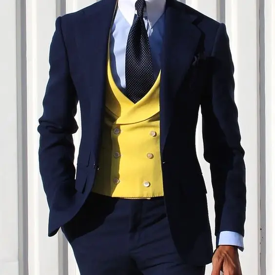 Темно-синий мужской костюм желтый, двух однобортный жилет обтягивающий официальный умный пиджак в деловом стиле жених свадебные костюмы для мужчин Terno 3 шт