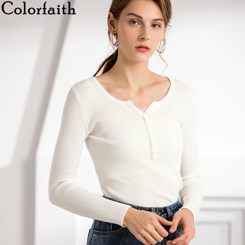 

Colorfaith Women Sweater Pullovers 2019 Autumn Winter Button Slim Solid Korean Style Elegant Casual Minimalist Female SW803