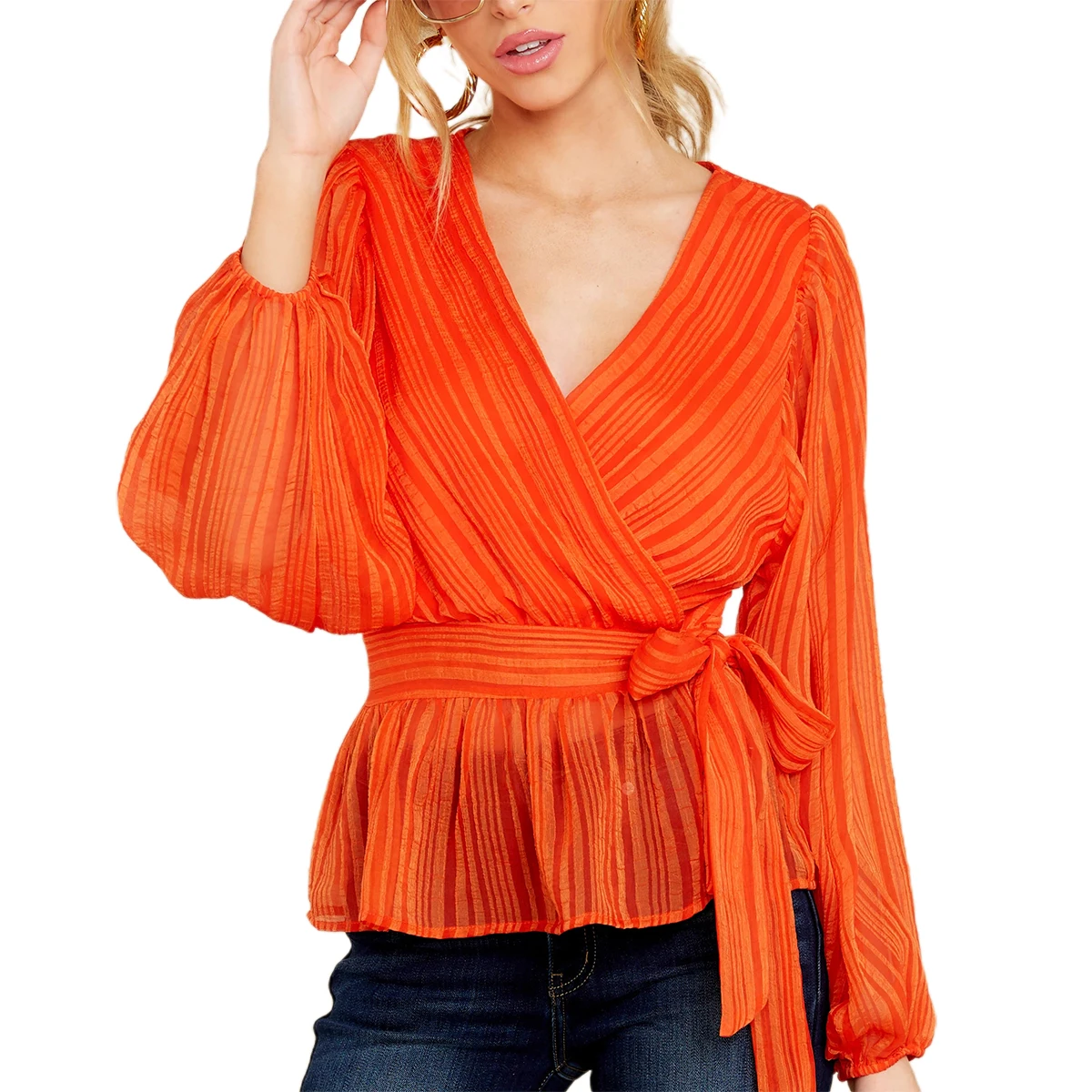 

2020 Women's Long Sleeve Chiffon Shirts Fashion Wild Sexy Print V-neck Lace Up Pullover Tops Solid Color OL Casual Clothes
