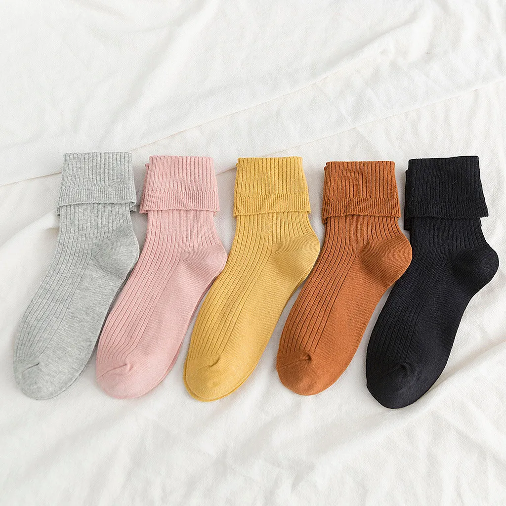 Fashion 5 Pairs Of Women Middle Tube Cotton Socks Solid Ladies Warm Flanging Socks set of women's japanese Winter Soft socks