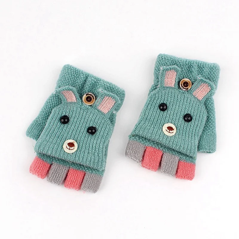 Winter Children Warm Gloves 3-8Y Cashmere Knit Flip Half Finger Gloves Cartoon Mittens For Boys Girls