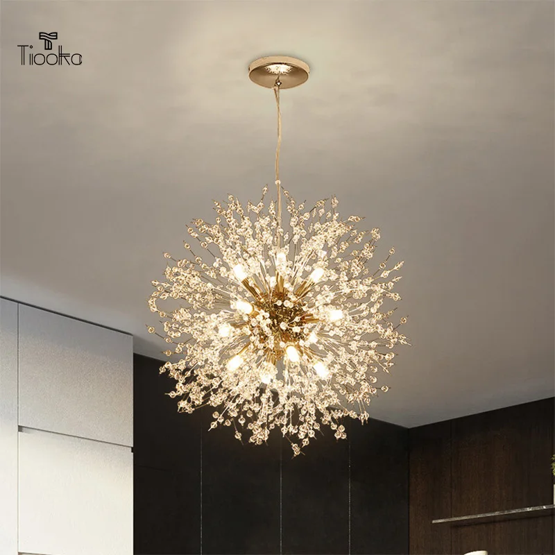 

Kobuc Nordic Dandelion Crystal Chandelier Light LED G9 Cristal Bursts Globe Pendant Hanging Lamp for Living Room Bedroom Home