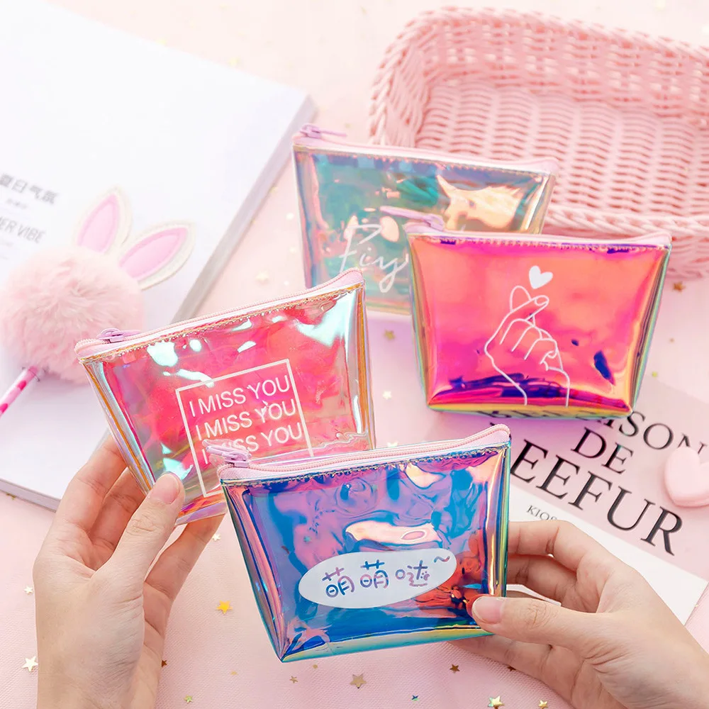 

New Laser Colorful Coin Purse Data Cable Key Case Girl Heart Clutch Bag Zipper Storage Bag Lipstick Key Coin Storage