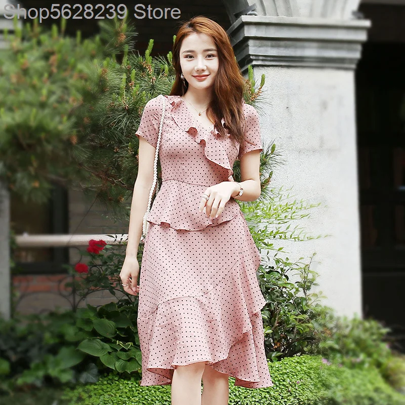

Elegant Wrap Skirt 2020 Fresh Round Point V Collar Romantic Lotus Leaf Edge Printing Dress Female