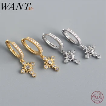 

WANTME Luxury Pave Crystal Zircon Real 925 Sterling Silver Religious Ethnic Cross Gothic Stud Earrings for Women Fine Jewelry