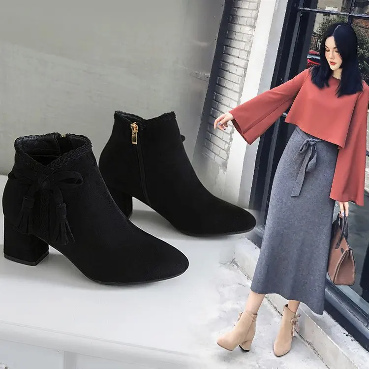 

2019 Autumn And Winter Retro Simple Fringed Boots Chunky Heel Casual Short Side Zipper WOMEN'S Shoes Fashion High Heel Ankle Boo