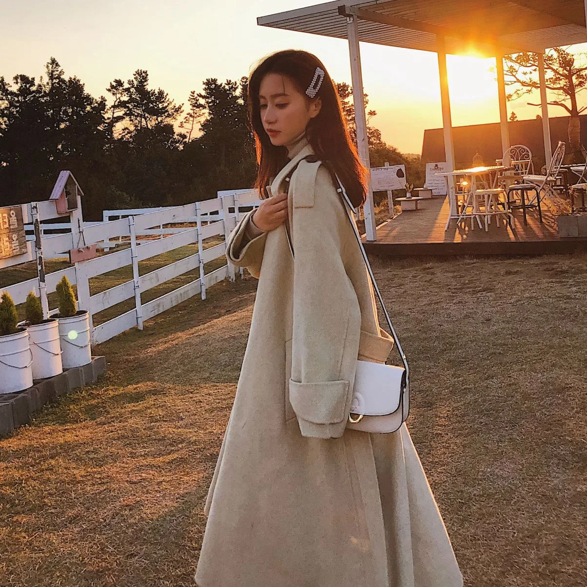 

Photo Shoot CHIC Sense of Design Elegant Sunset Yellow Long Fold-down Collar Single Breasted Waist Hugging Lace-up Wool Woolen J