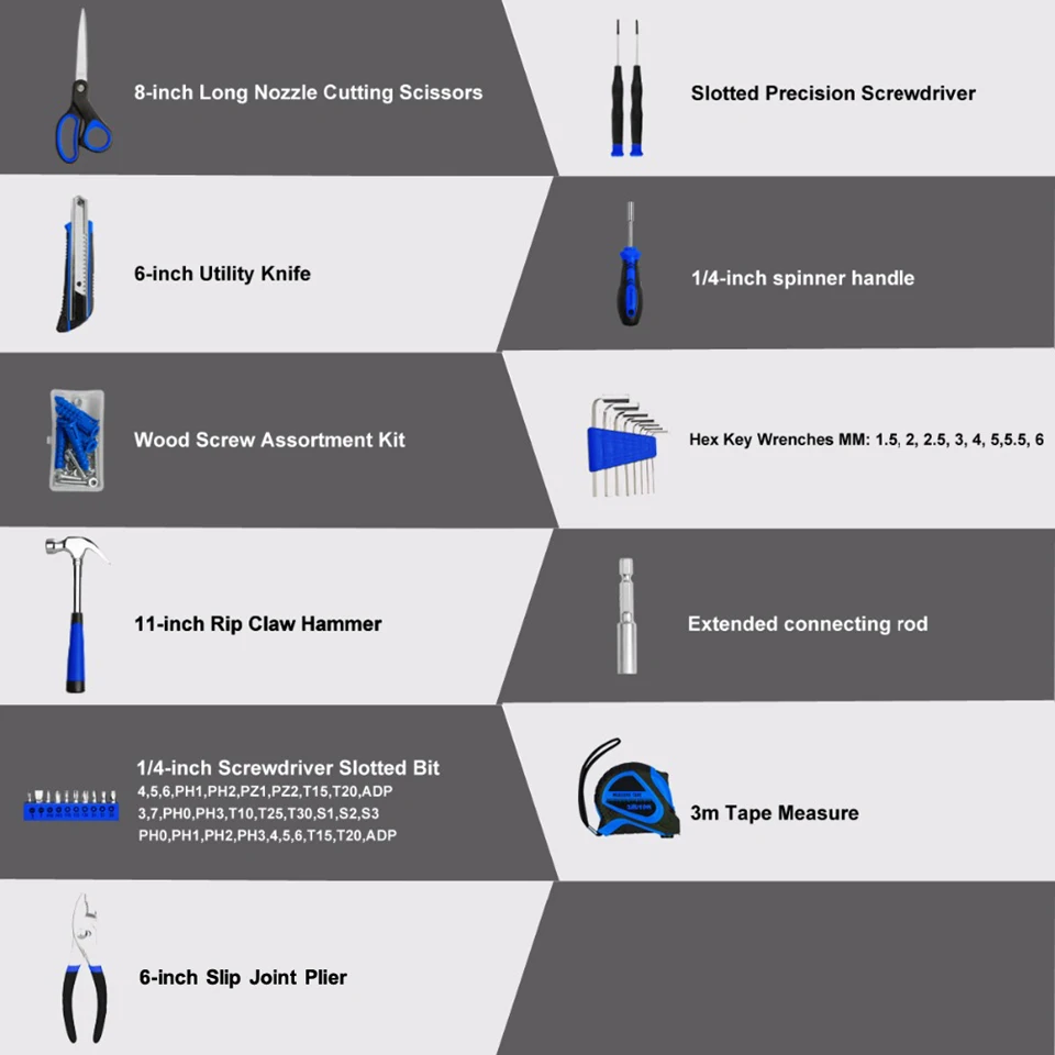 Набор ручных инструментов PROSTORMER для домашнего ремонта, ручной инструмент 49 шт. с пластиковой панелью, гаечный ключ, отвертка, головка, коготь, молоток для работы по дереву