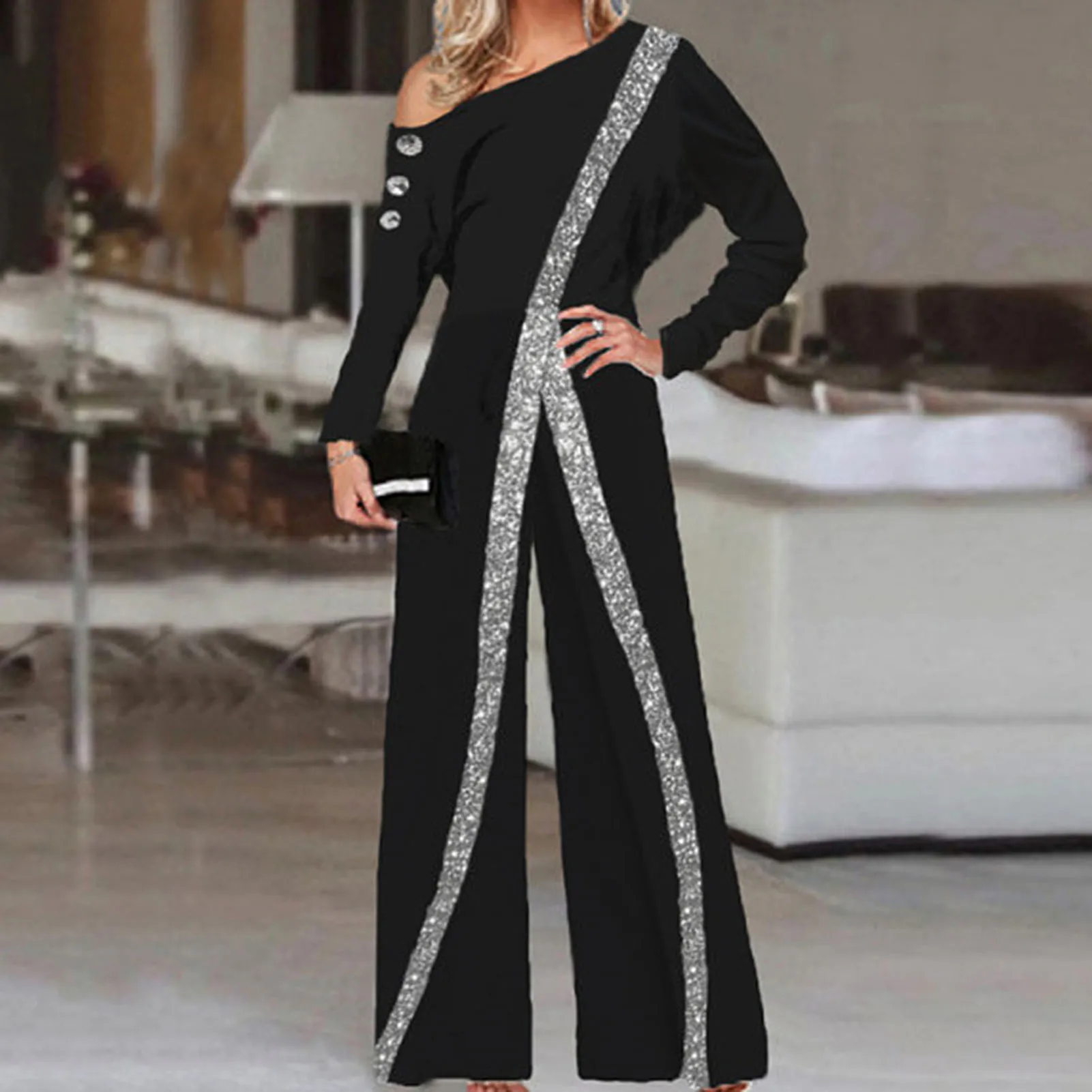 Women Jumpsuit Striped Glitter Sequin Party Jumpsuit Elegant Strapless