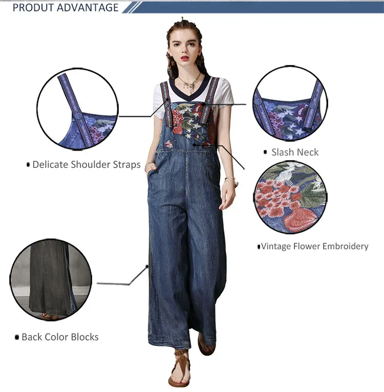 Летний комбинезон для женщин Yuzi. Мая Boho Новое джинсовое боди винтажная вышивка Цветные Блоки комбинезоны A82165 комбинезоны Femme