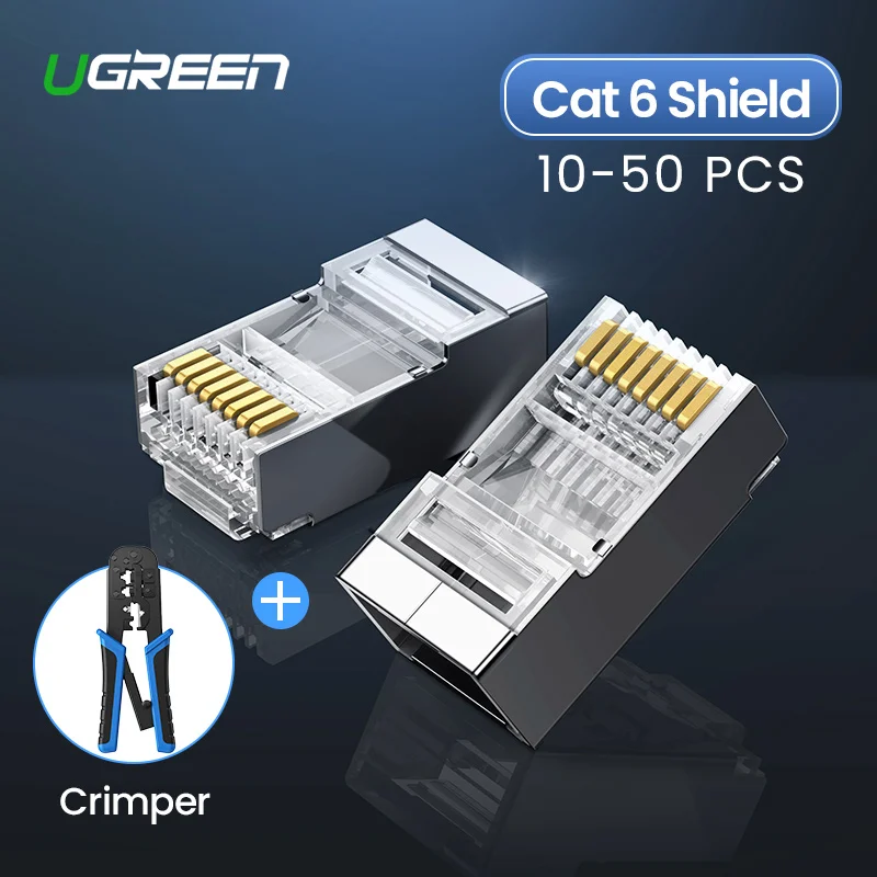 Ugreen Cat6 RJ45 Connector 8P8C Modular Ethernet Cable Head Plug Gold-plated Cat 6 Crimp Network RJ 45 Crimper Connector Cat6