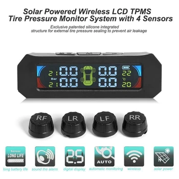 

Solar Wireless Tpms Car Tire Pressure Temperature Monitoring System Lcd Color Sn with 4 External Sensors