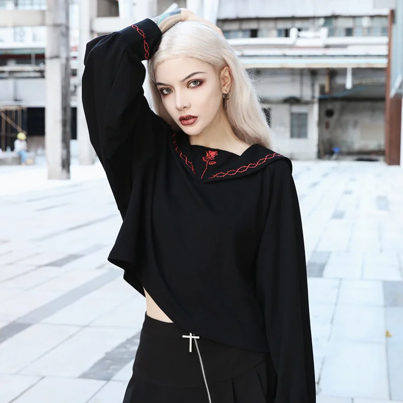 Harajuku пуловер женский свободный черный Свитшот японский консервативный стиль Роза шипы вышивка короткий свитшот для готической девушки
