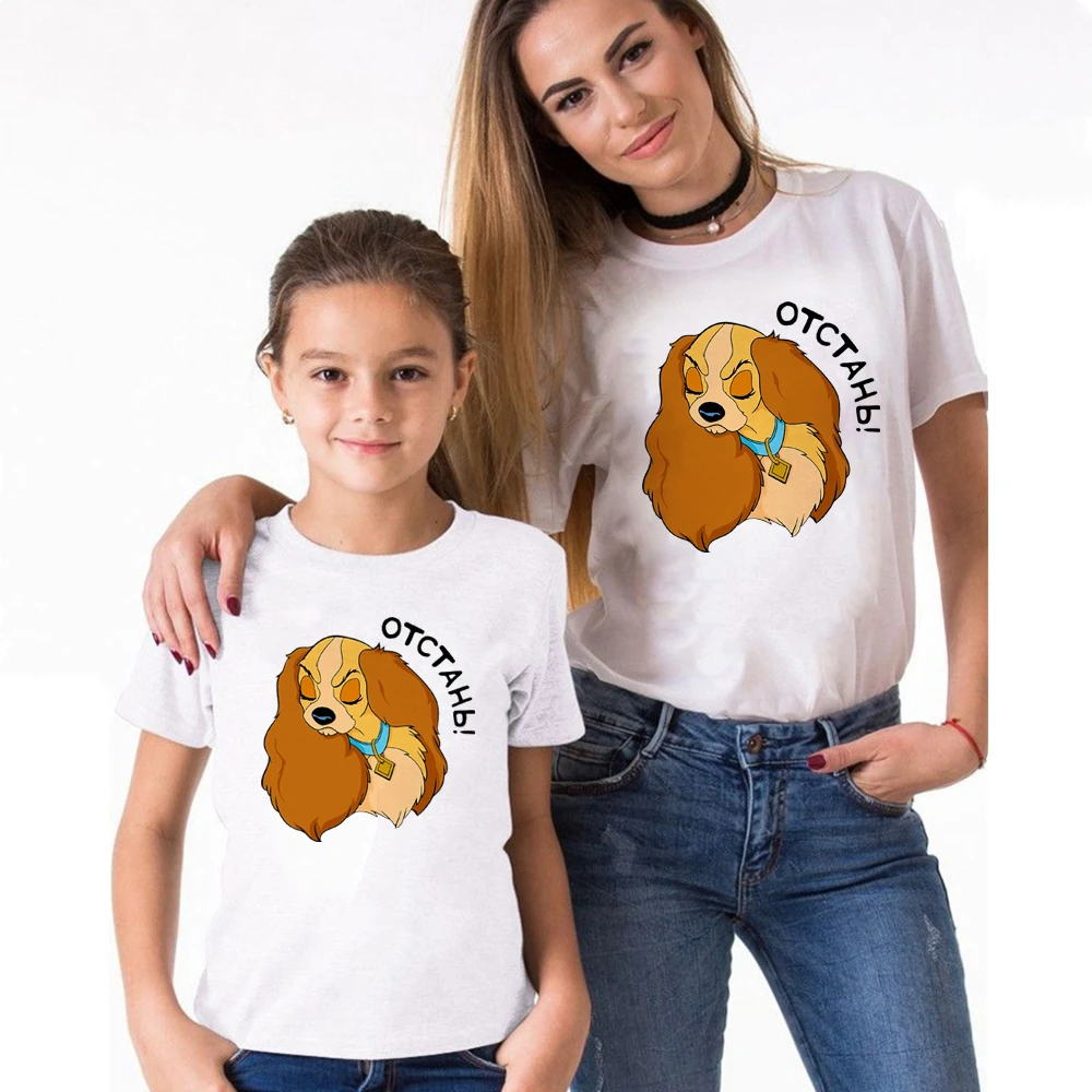 Disney New Family Outfit Lady The Tramp Print T-Shirt Mom And Me Clothes Dad Son Top Casual All-Match Short-Sleeved | Мать и ребенок
