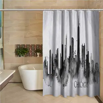 

Chicago Skyline Professional Shower Curtain Watercolor Urban Landscape Grunge Brushstroke Effects Murky Image Decorative