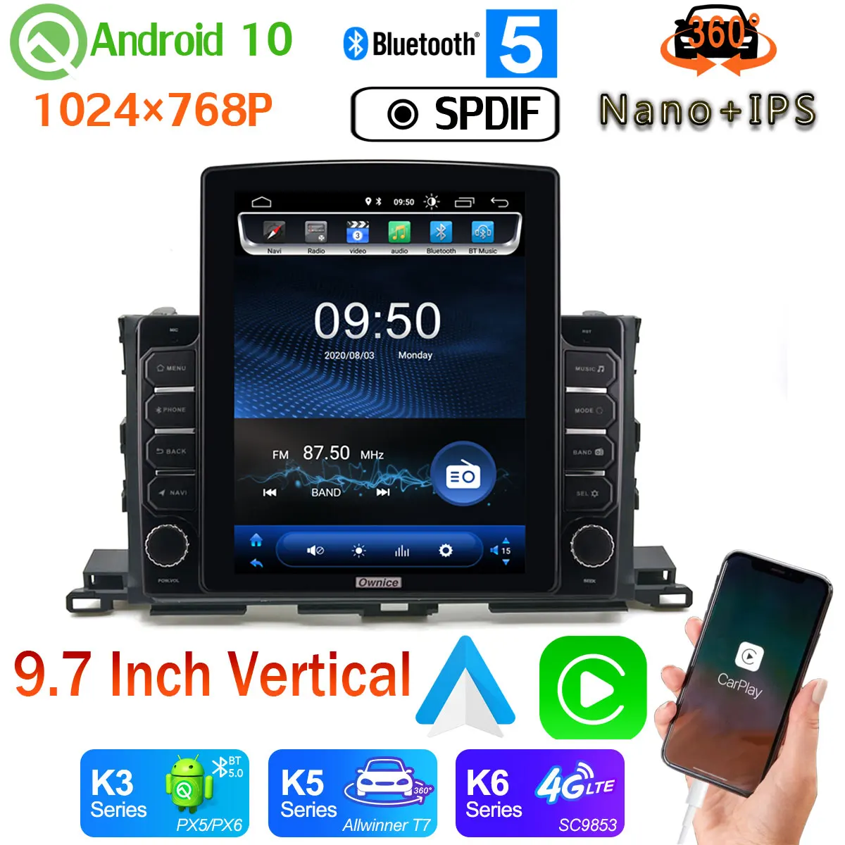 9 7 &quotTesla Style PX6 4 + 64G GPS Android 10 радио для Toyota Highlander 2015-2019 360 камера Автомобильный