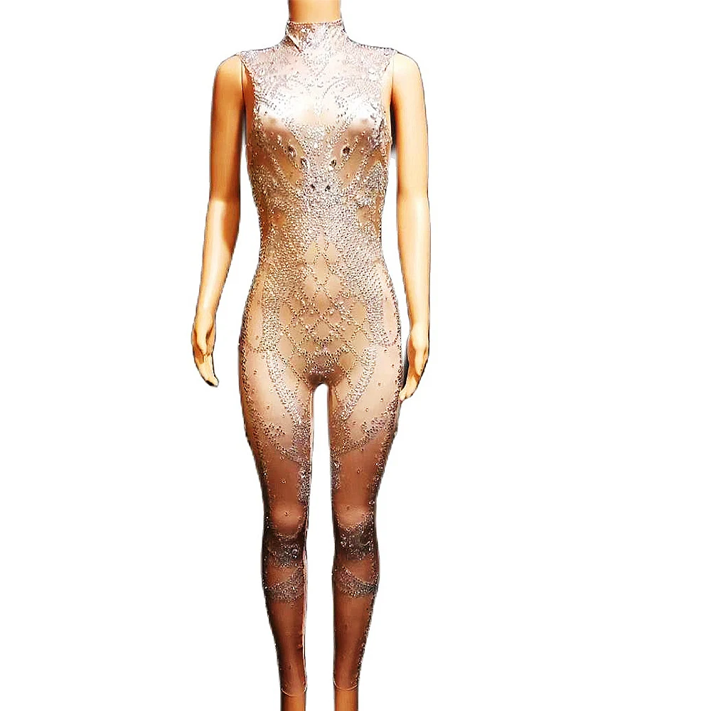 

Новинка, телесный эластичный комбинезон из спандекса с полувысоким воротником, одежда для выступлений вечерние выступлений, костюм для танцев в ночном клубе