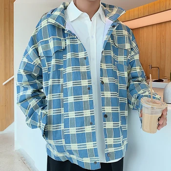 

2019 Autumn Men's Work Clothing Lattice Printing Outerwear Streetwear Bomber Jackets Hat Teenagers Loose Blue/khaki Coats M-2XL
