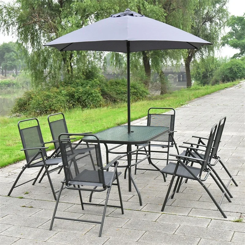 Mordern 8 Pcs Outdoor Dining Patio Tables And Chairs Set Garden Square Folding Furniture Set With Umbrella Hw52140 Aliexpress