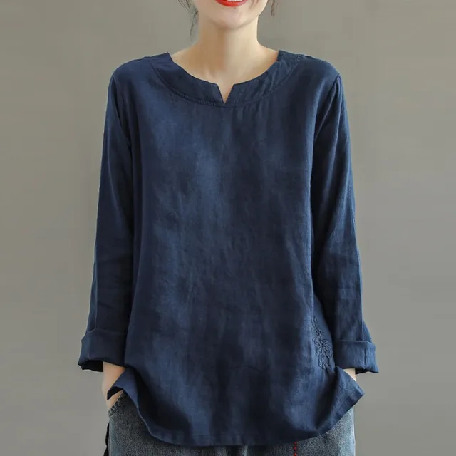 Johnature Autumn New Retro Embroidery O-neck Long Sleeve Cotton Linen Shirt Loose Leisure Fashion All-match Women Tops