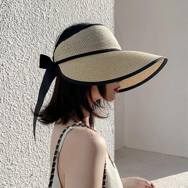 Summer Adjustable Ribbon Empty Top Straw Hats For Women Foldable Wide Large Brim Beach Hat Chapeau Femmeuv Protection Cap