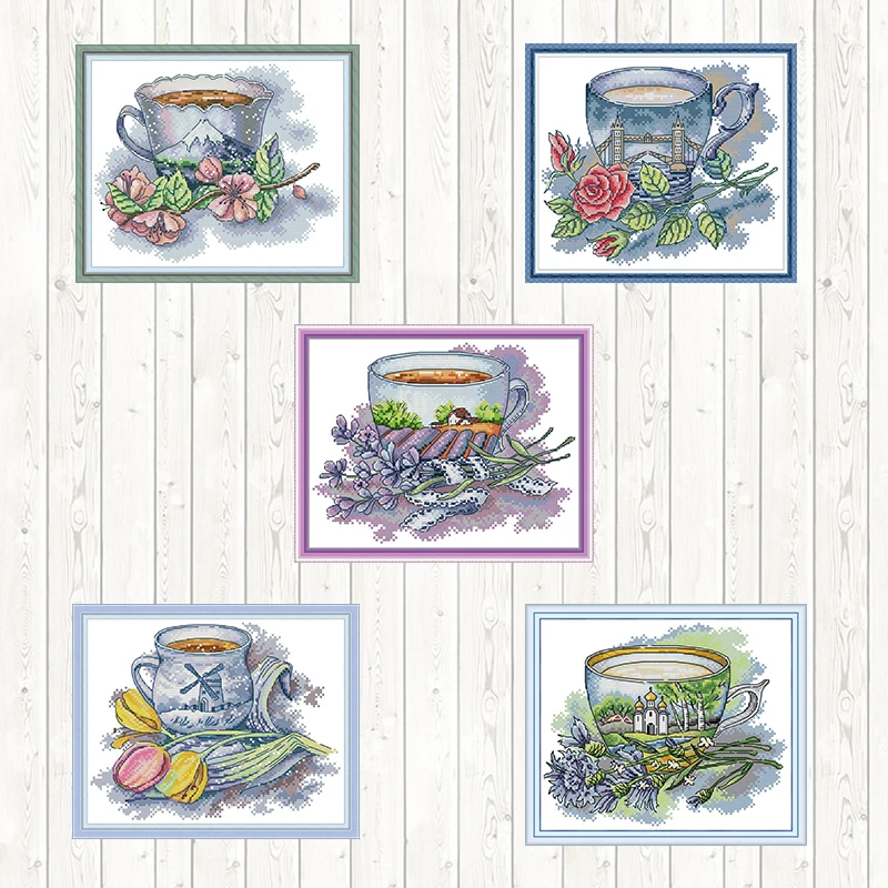 

French Teacup of Counted Dmc 14ct 11CT Cross Stitch DIY Embroidery Needlework Sets Needlepoint Wall Home Decor Cross Stitch Kits