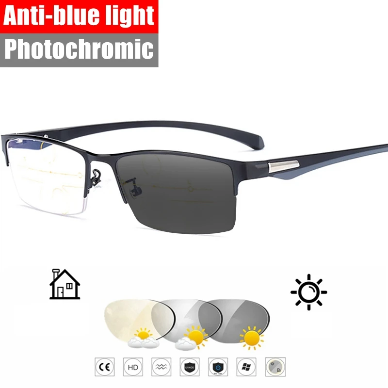 

High Quality Progressive Multifocal Reading Glasses Men Anti Blue Black Half Frame TR90 Photochromic Presbyopic Glasses Case 1.5