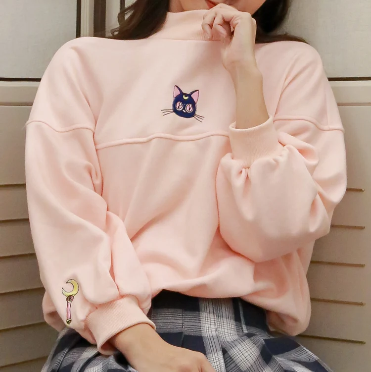 Весна Осень базовые толстовки женские с длинным рукавом вышивка Kawaii Свободные пуловеры толстовки белые розовые женские толстовки