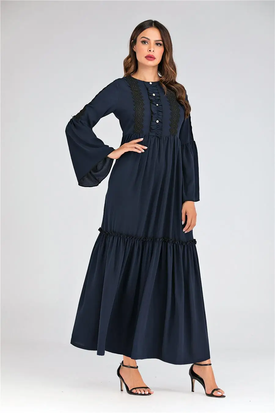 Женское плиссированное платье с длинным рукавом abaya Ruffle мусульманское платье вечернее исламский джильбаб драпированные дизайнерские платья арабский темно-синий халат Мода