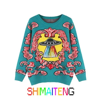 

Vintage UFO Knitted Sweater Jumper Women 2020 Cartoon Print Winter Warm Thicken Long Sleeve Female Pullovers Casual Korean Tops