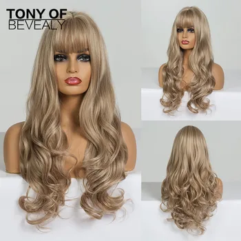 

Long Wavy Light Brown Synthetic Wigs With Bangs for Woman African American Natural Daily Hair Wigs Heat Resistant Fiber