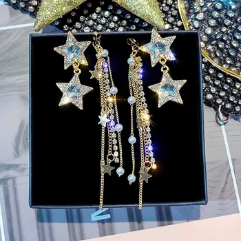 

Shiny Star Crystal Pentagram Drop Earrings Women's Elegant Temperament Rhinestone Earrings Pearl Tassel Earrings