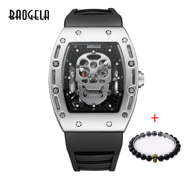 Baogela hommes mode militaire bracelet en Silicone Rectangle cadran crâne visage Sport Quartz montres BGL1612G-1 1612GB