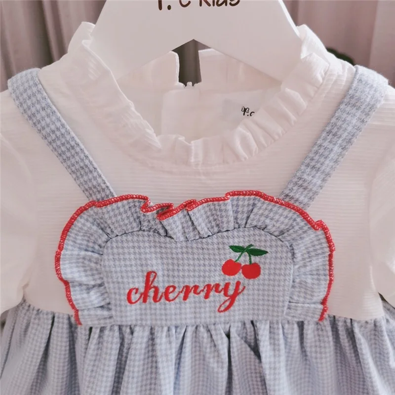 toddler autumn spring clothes 0-4T little baby dresses Sweet cherry letter strap Splicing dress Princess dress