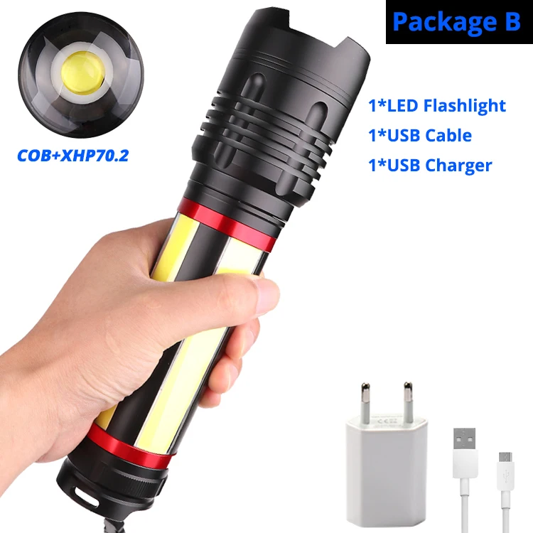 Package B Новейший встроенный 7200mAh XHP70.2+ COB светодиодный фонарик 7 режимов USB Rechargerable Zoom водонепроницаемый фонарь для похода, охоты - Испускаемый цвет: Package B
