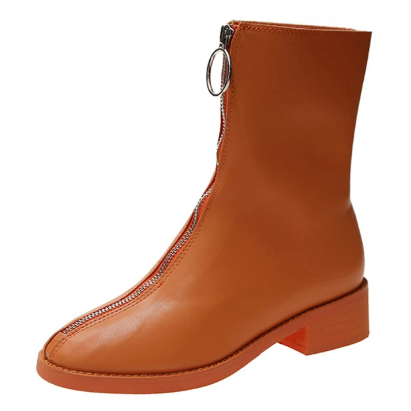 

2020 Spring Fashion Designer Front Zip Women Slim Ankle Boots Low Block Heel Flats Martin Boots Female Booties Botas Mujer P344
