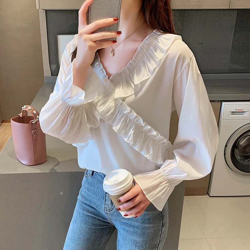 

Spring And Autumn Chiffon Base Shirt WOMEN'S Dress 2020 New Style Fashion Versitile Fashion Tops Long Sleeve Underwear V-neck WO