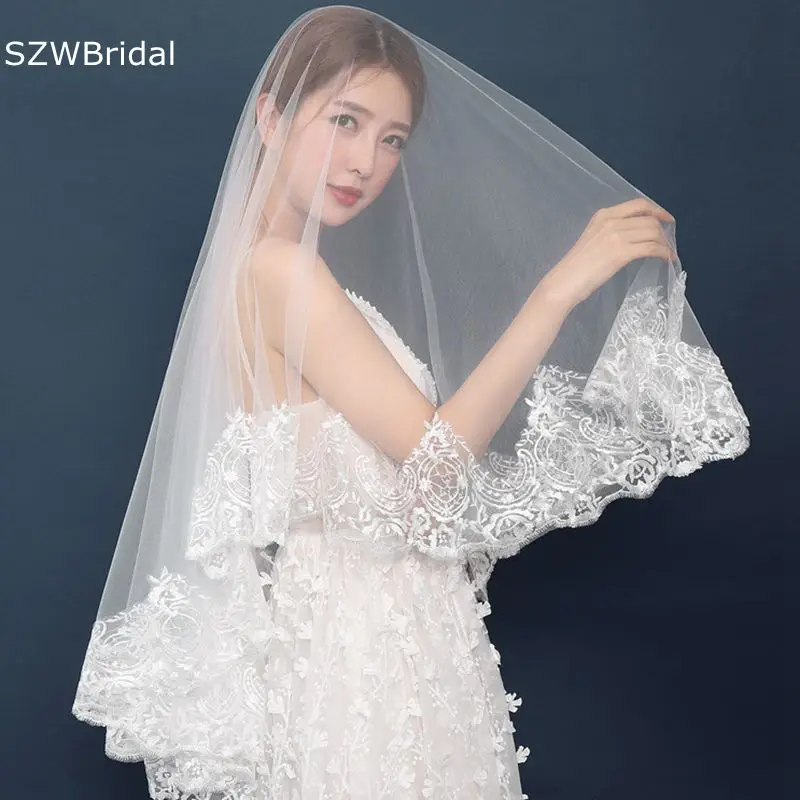 

New Arrival One Layers Bridal Veils Lace Edge Ivory Wedding veil Long Sexy bridal headwear Matrimonio Boda wedding accessories