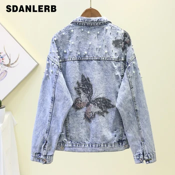 

Beaded Denim Jacket Women 2019 Spring Autumn New Korean Loose Studded Leisure Long Sleeve Student Jackets Coat