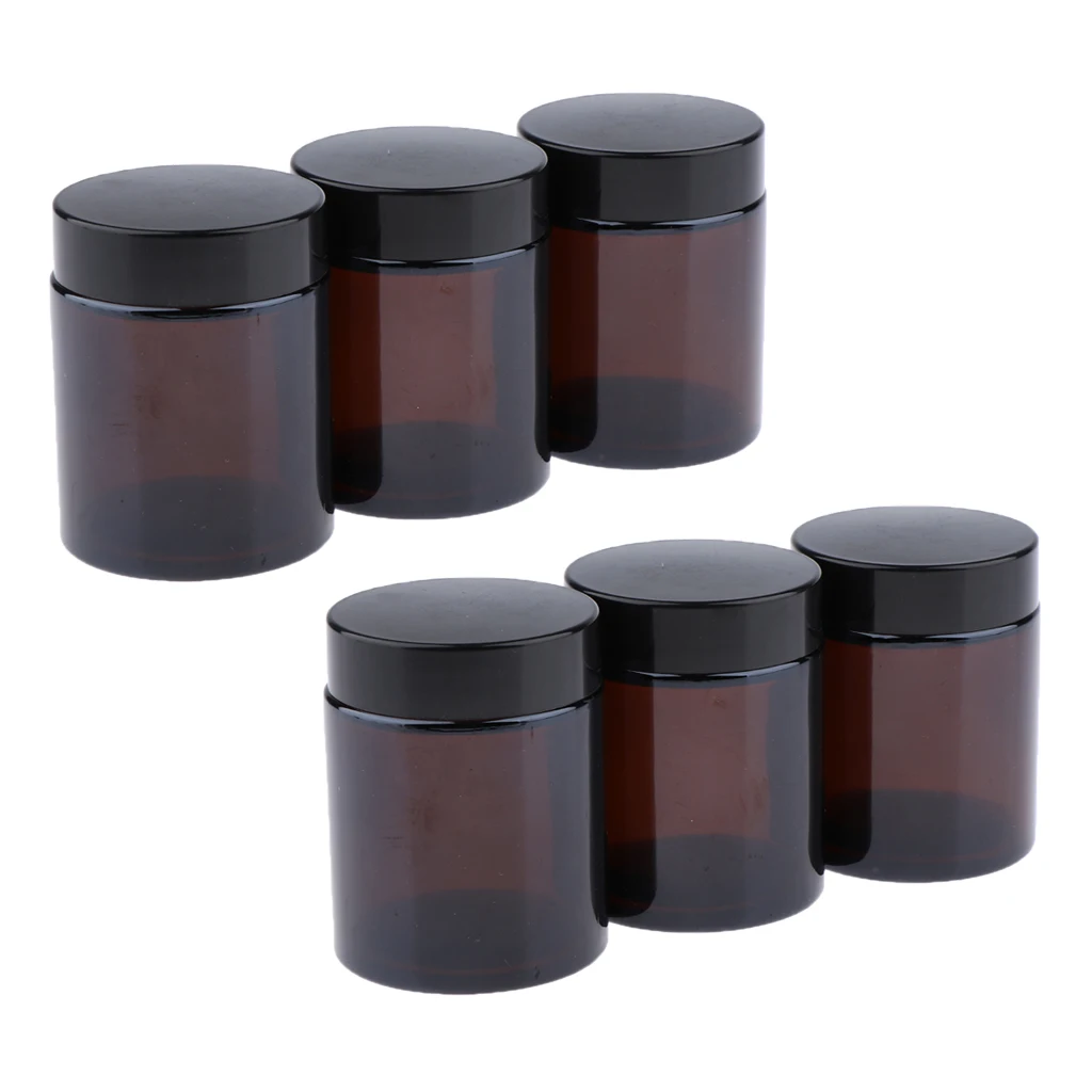 6Pcs Brown Glass Refillable Cosmetic Jars Empty Face Cream Lip Balm Storage Container Pot Bottle with Black Lids (100ml)