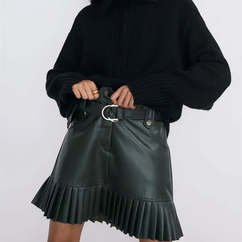 Стильная шикарная юбка из искусственной кожи, мини-юбка с поясом, модная женская плиссированная юбка с высокой талией, Повседневная Уличная одежда, вечерние юбки Faldas