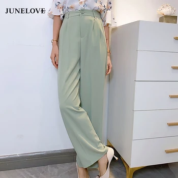 

Luck A Women Summer Elegant Long Pants Vintage High Waist Wide Leg Pants Casual Korean Loose Straight Trousers Bottoms