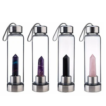 

Natural Quartz Gemstone Glass Water Bottle Direct Drinking Cup Glass Crystal Obelisk Wand Healing Wand Bottle with Rope 2020 new