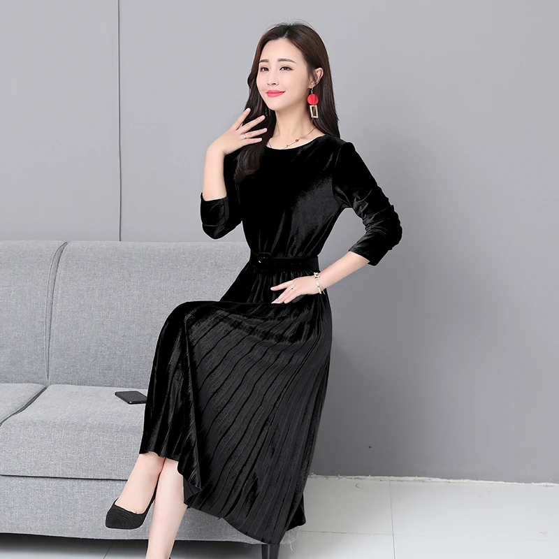 Retro Elegant Dress Women Autumn Winter Pink Velvet Dress Female Solid O-Neck Party Pleated Dress Vestidos with belt